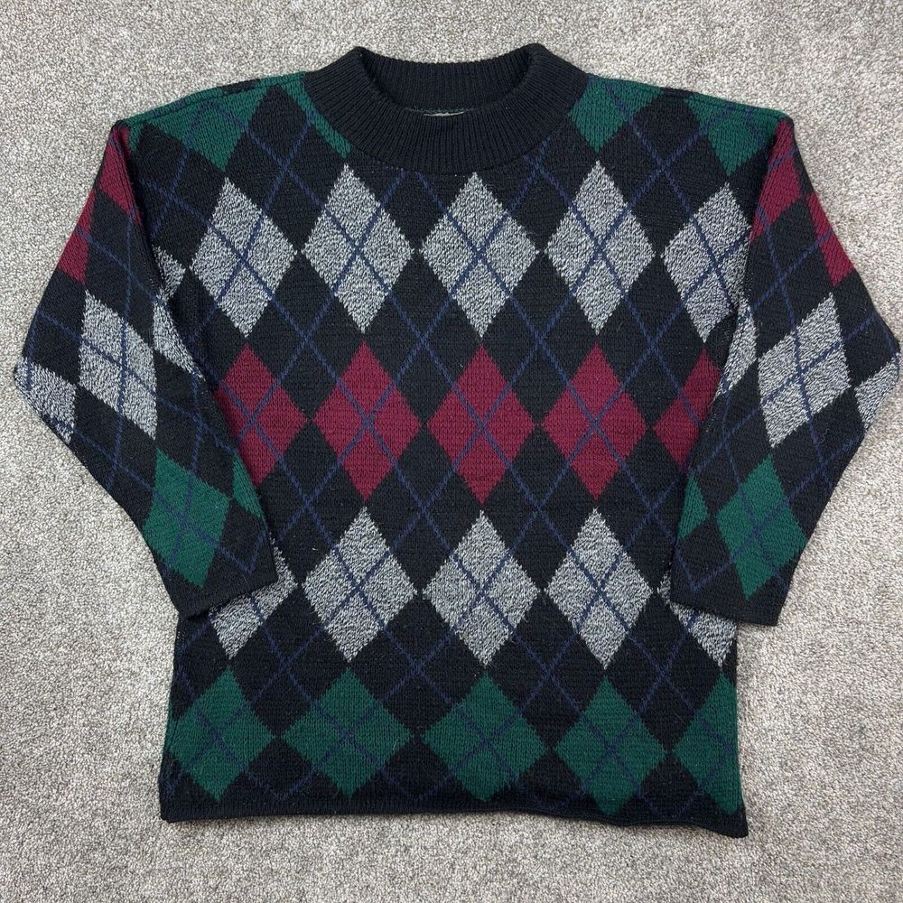 Vintage Croquet Club Sweater Womens M Argyle Diamond Geometric Tight Knit Granny